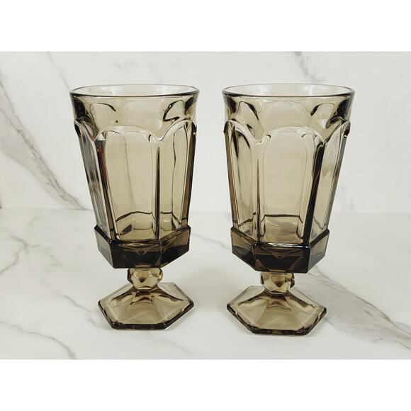 Fostoria Goblet Virginia Smokey Brown 10oz Ice Tea Water Glass Tall 7" Footed x2 - Picture 4 of 12